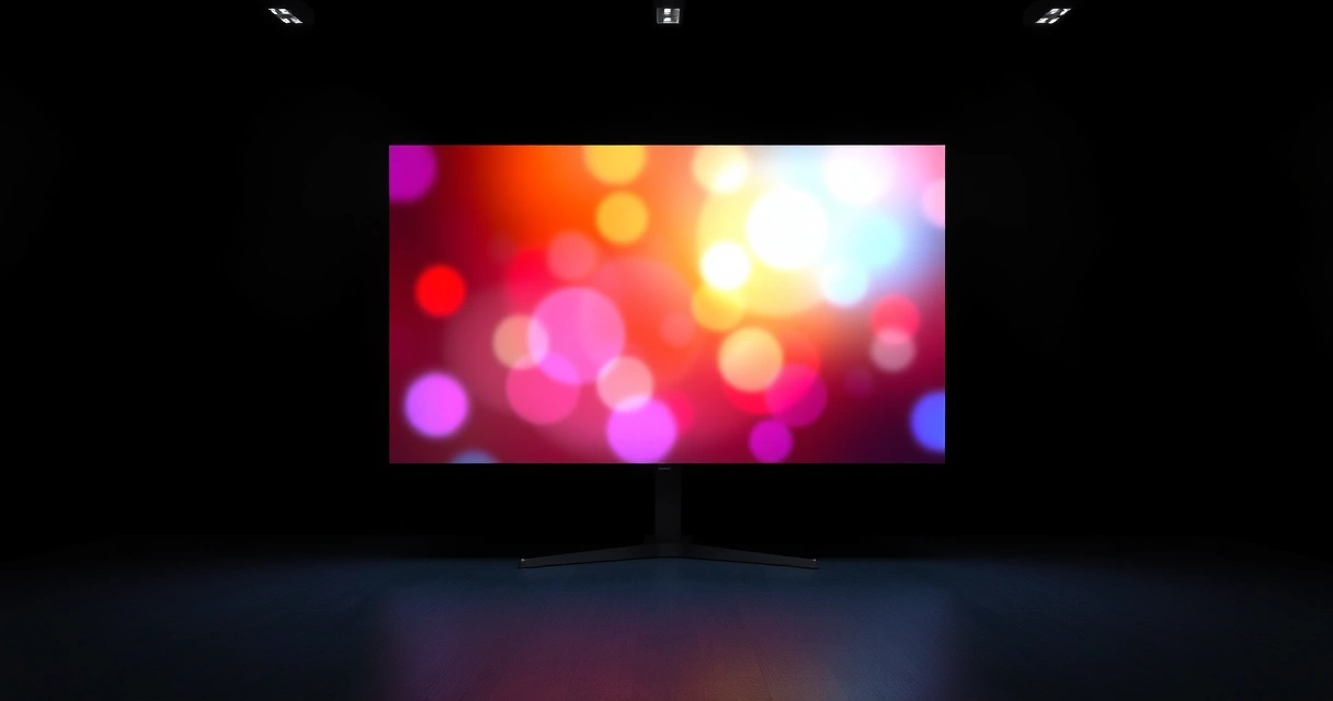 Monitor grande aceso num quarto escuro, com luz colorida