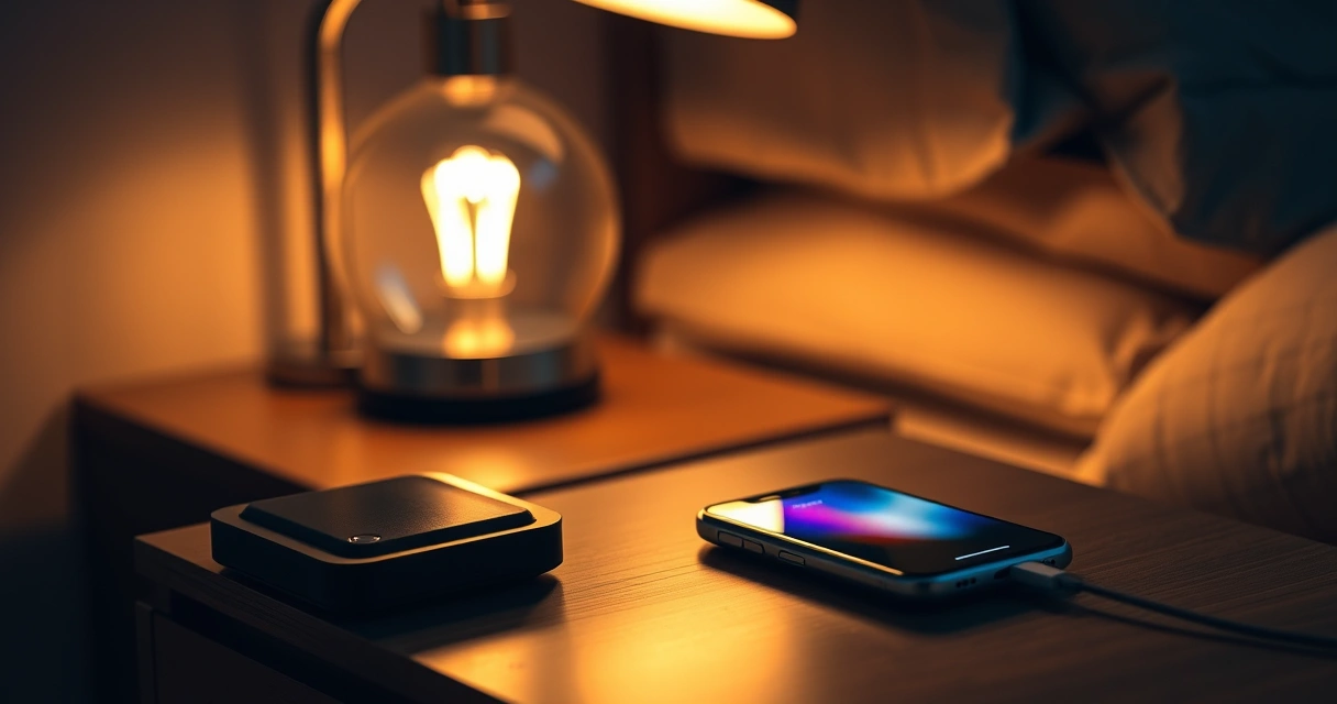 Celular carregando na mesa de cabeceira, à noite