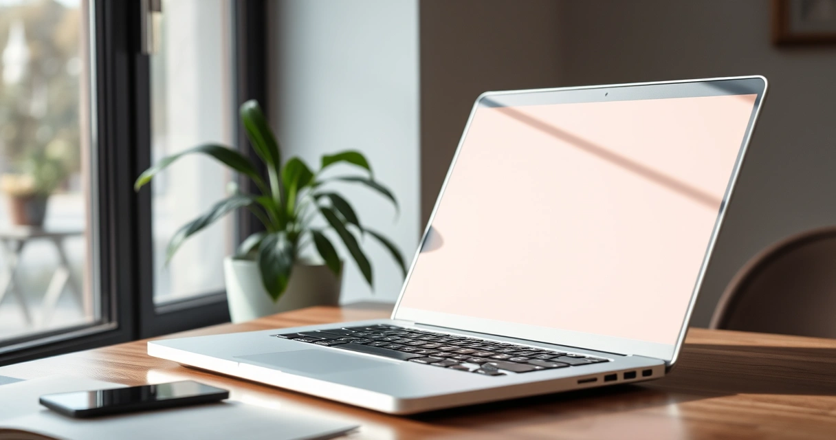 Notebook aberto sobre a mesa, com uma planta ao lado