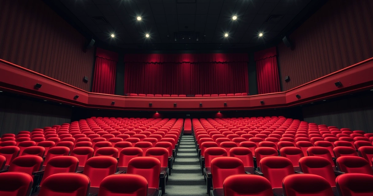 Sala de cinema vazia, com poltronas vermelhas e luz baixa