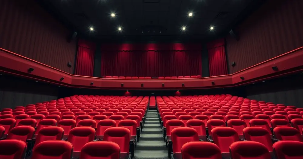 Sala de cinema vazia, com poltronas vermelhas e luz baixa