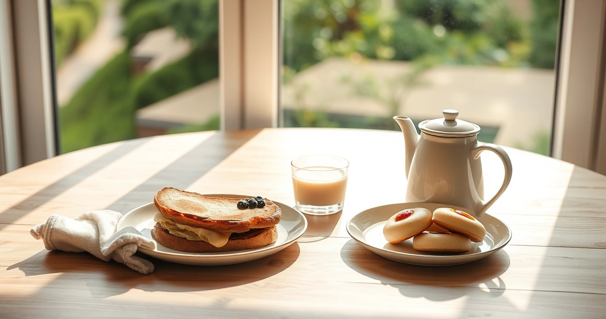 Café da manhã simples numa mesa junto à janela, em luz da manhã