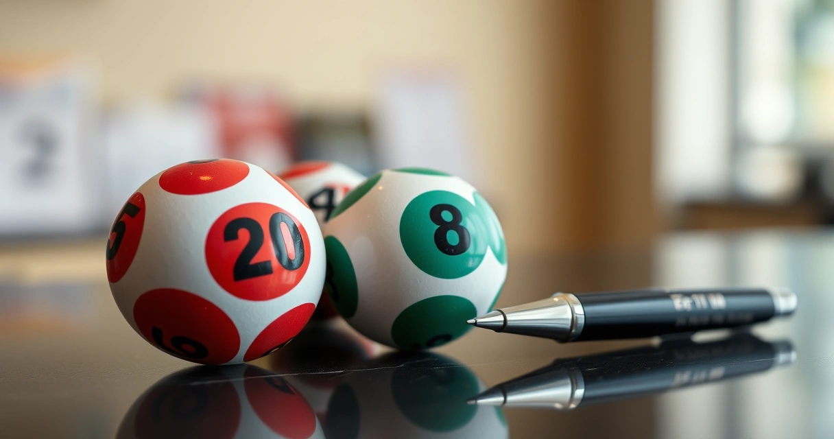Bolas de sorteio e uma caneta sobre um balcão