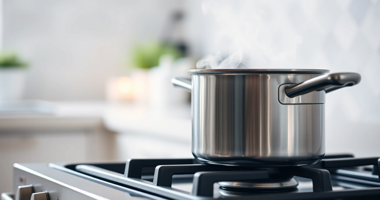 Panela sobre o fogão, com vapor subindo, e a bancada desfocada ao fundo