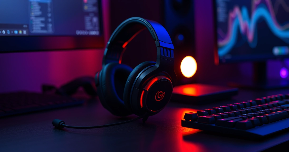 Headset gamer sobre a mesa, ao lado do teclado