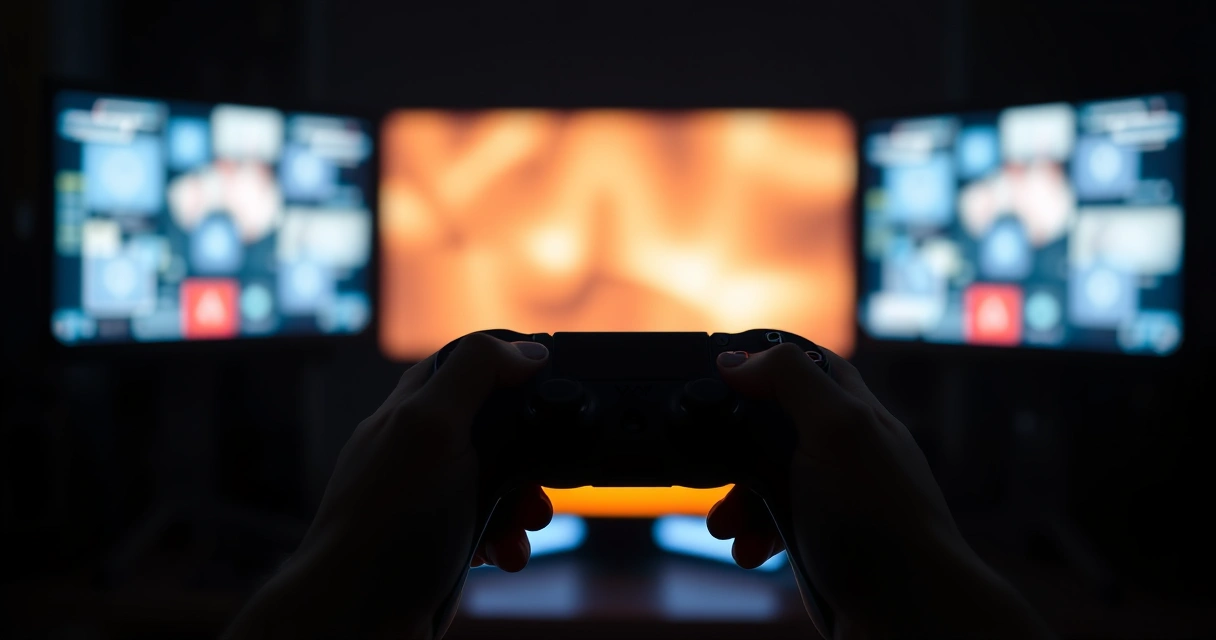 Mãos segurando um controle de videogame num ambiente escuro