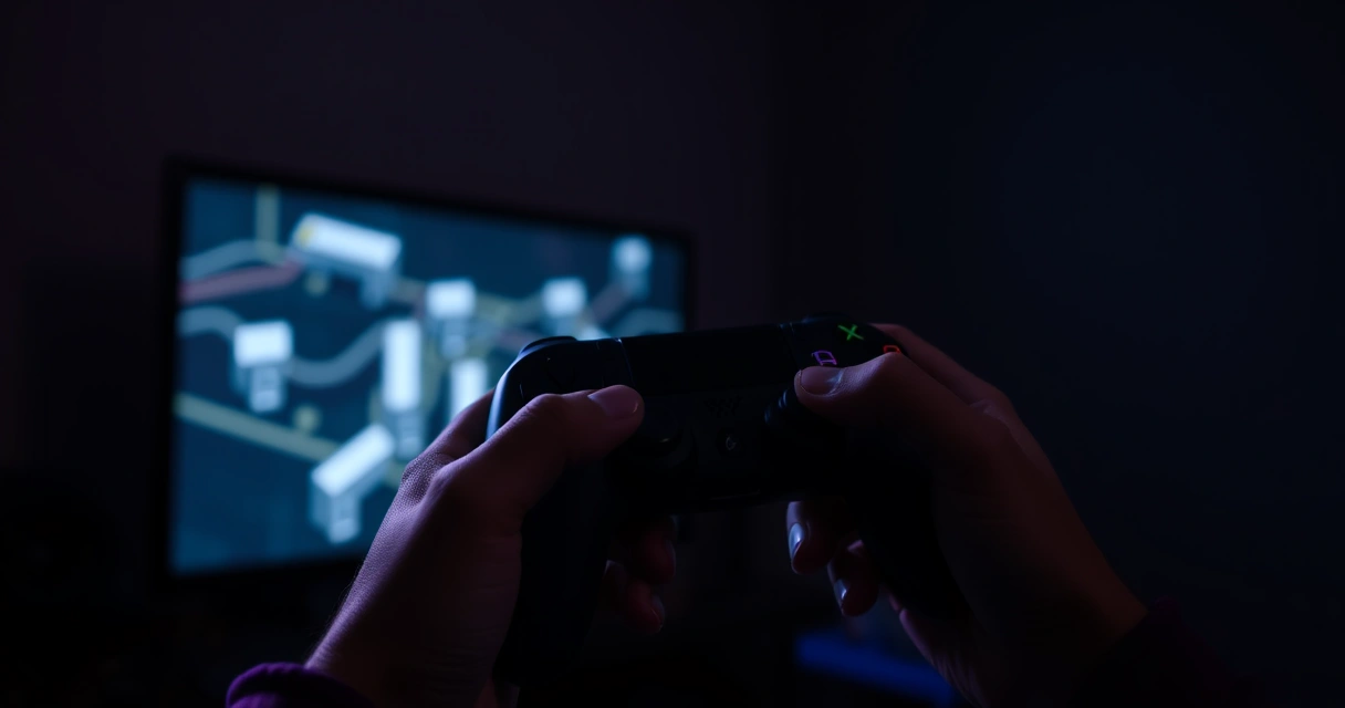 Mãos segurando um controle de videogame num ambiente escuro