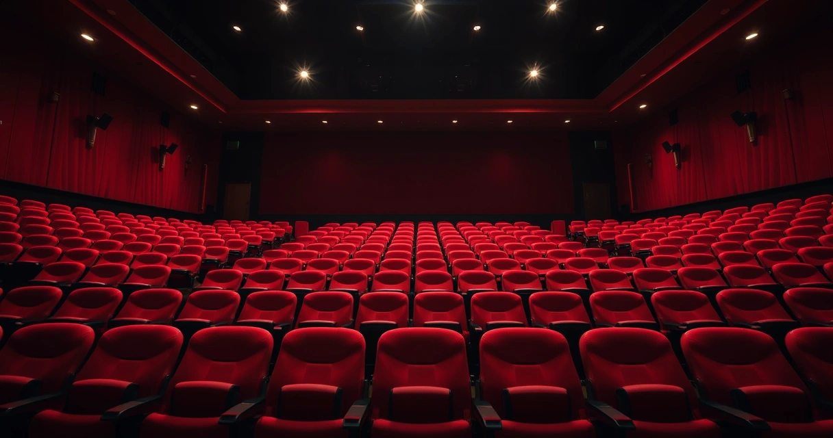 Sala de cinema vazia, com poltronas vermelhas e luz baixa