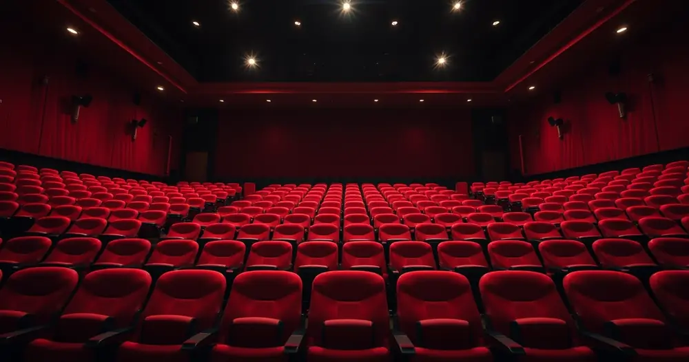 Sala de cinema vazia, com poltronas vermelhas e luz baixa