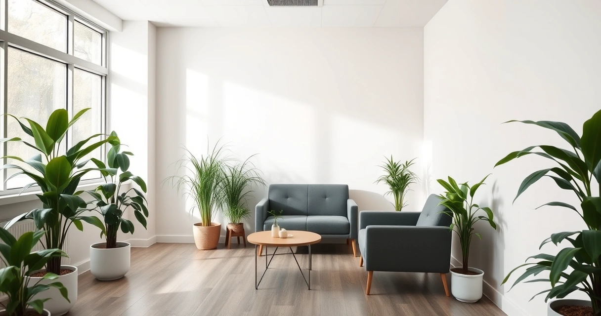Sala de espera de consultório, com plantas e luz suave