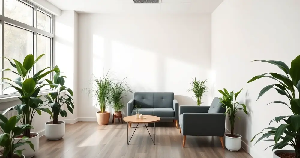 Sala de espera de consultório, com plantas e luz suave