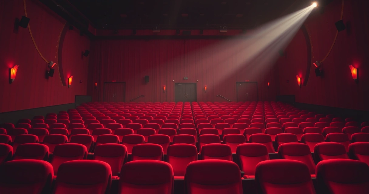 Sala de cinema vazia, com poltronas vermelhas e luz baixa