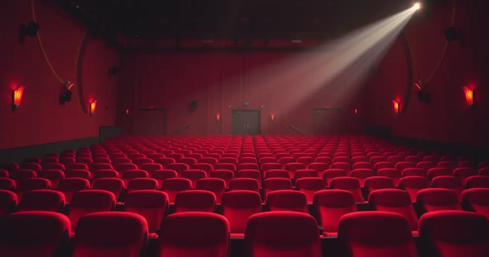 Sala de cinema vazia, com poltronas vermelhas e luz baixa