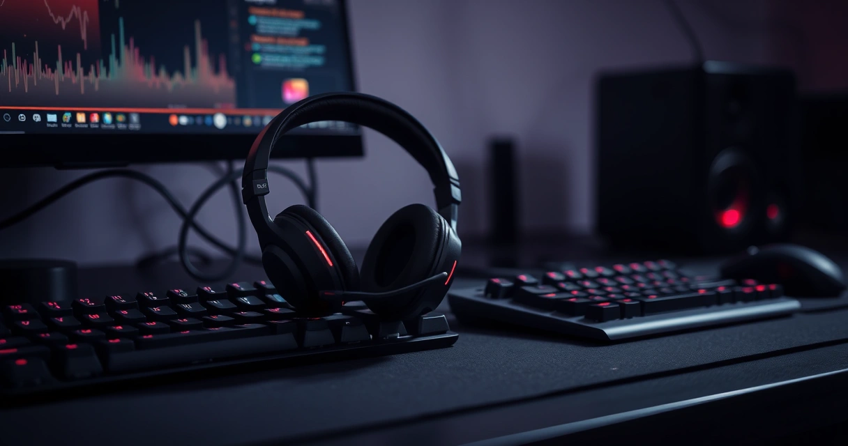 Headset gamer sobre a mesa, ao lado do teclado