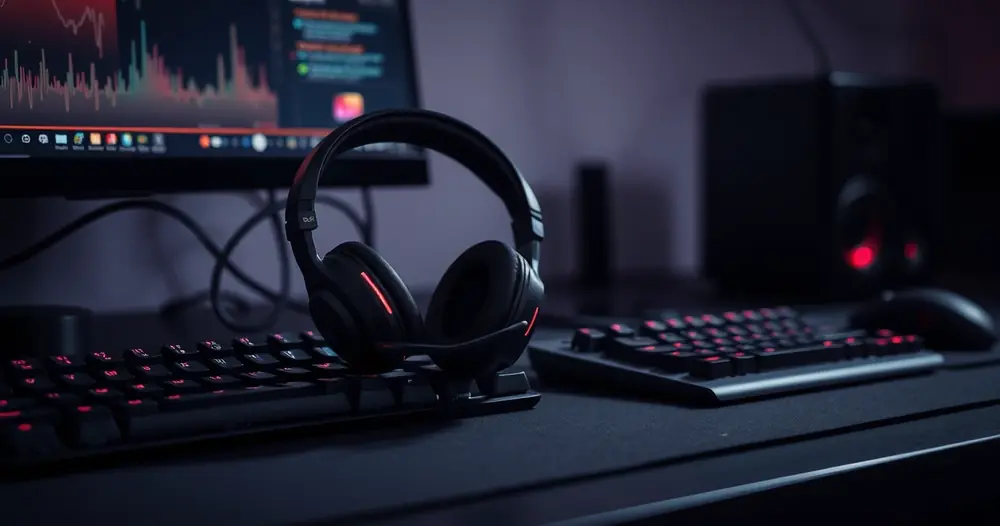 Headset gamer sobre a mesa, ao lado do teclado