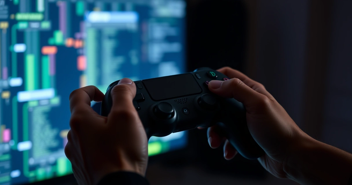 Mãos segurando um controle de videogame num ambiente escuro