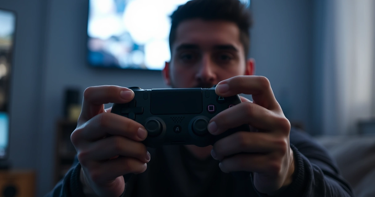 Mãos segurando um controle de videogame, com o brilho da tela ao fundo