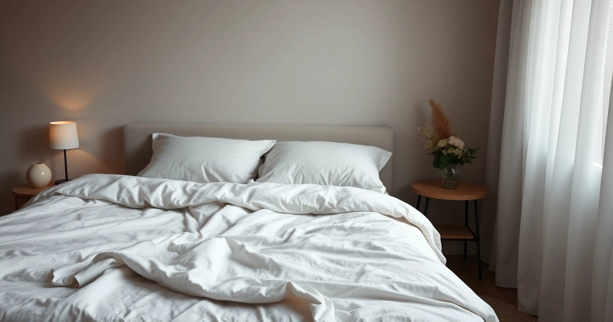 Cama arrumada com roupa de cama clara num quarto tranquilo