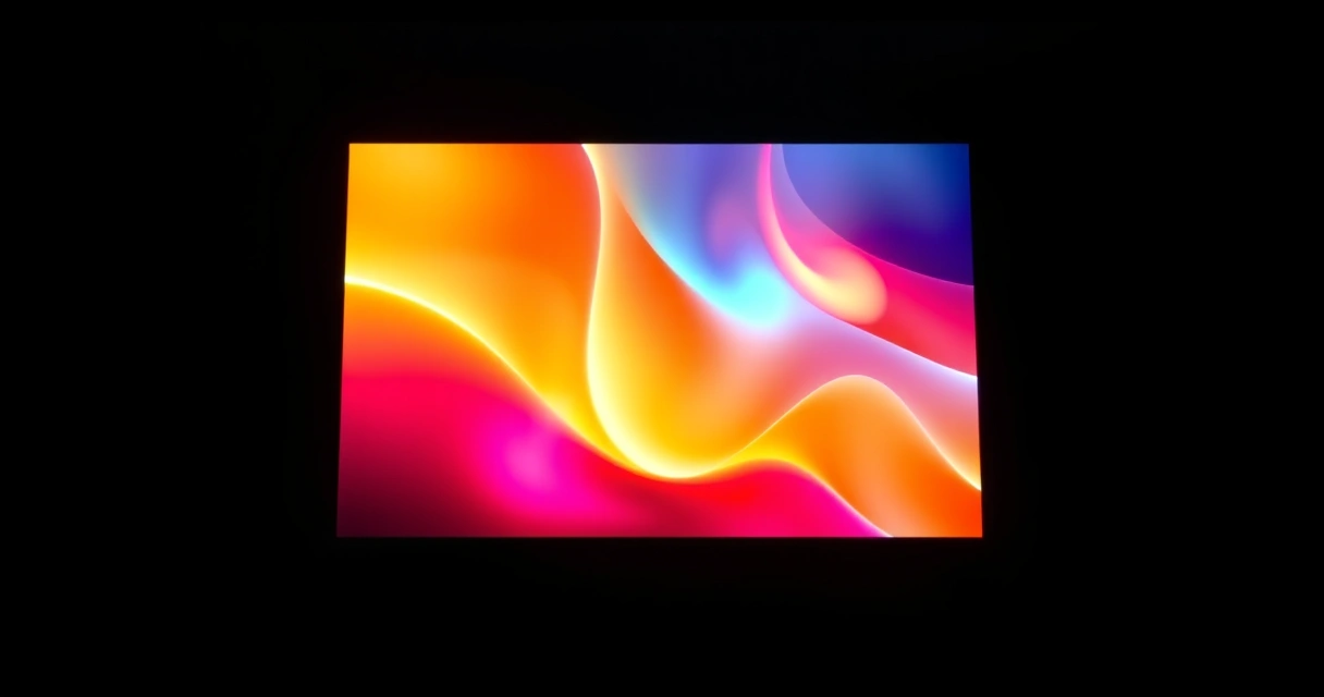 Monitor grande aceso num quarto escuro, com luz colorida