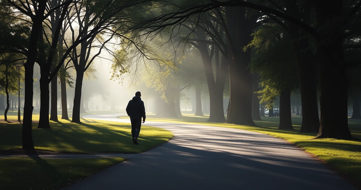 Pessoa caminhando por uma trilha de parque entre árvores