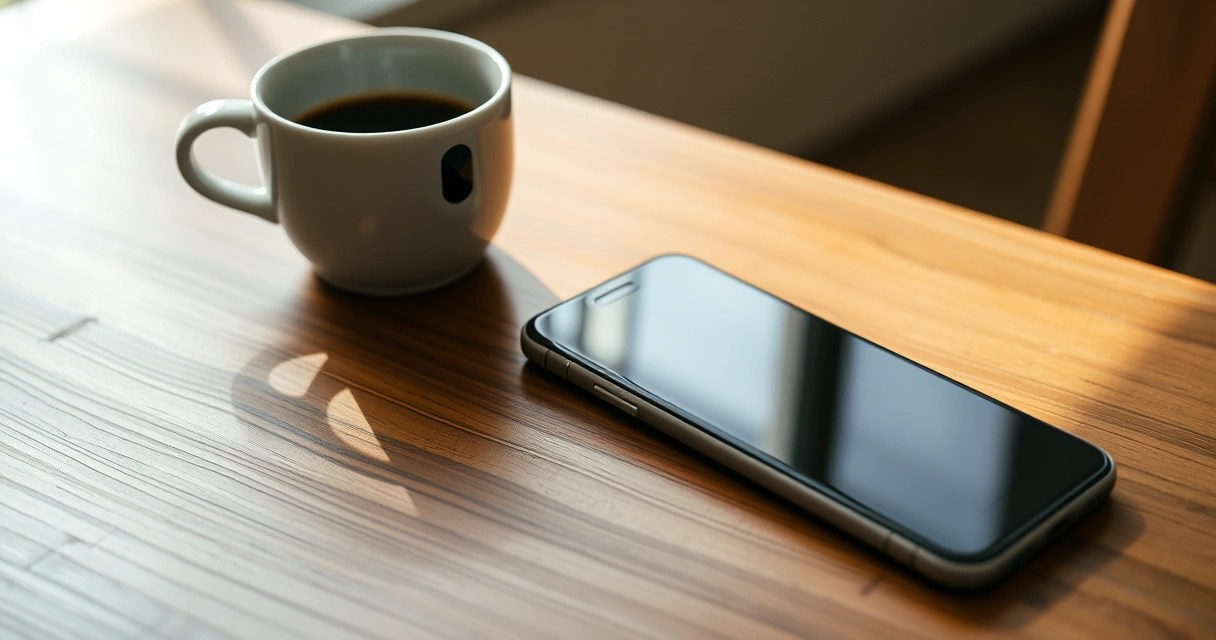Celular sobre uma mesa de madeira, ao lado de uma xícara de café