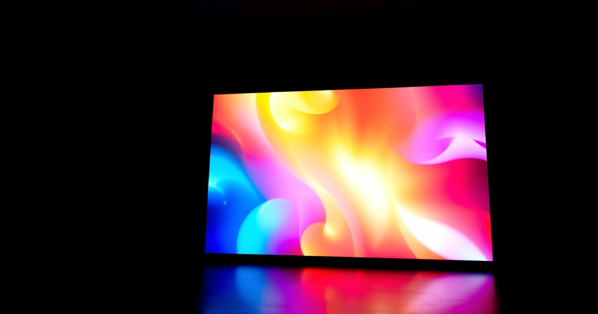 Monitor grande aceso num quarto escuro, com luz colorida