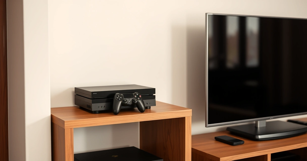 Console de videogame numa estante, ao lado da televisão