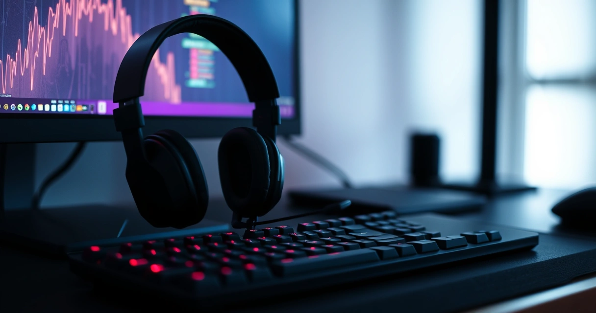 Headset gamer sobre a mesa, ao lado do teclado