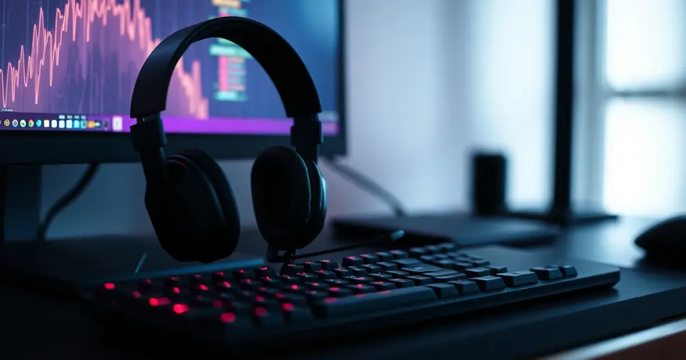Headset gamer sobre a mesa, ao lado do teclado