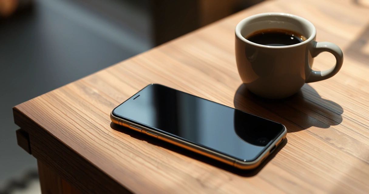 Celular sobre uma mesa de madeira, ao lado de uma xícara de café