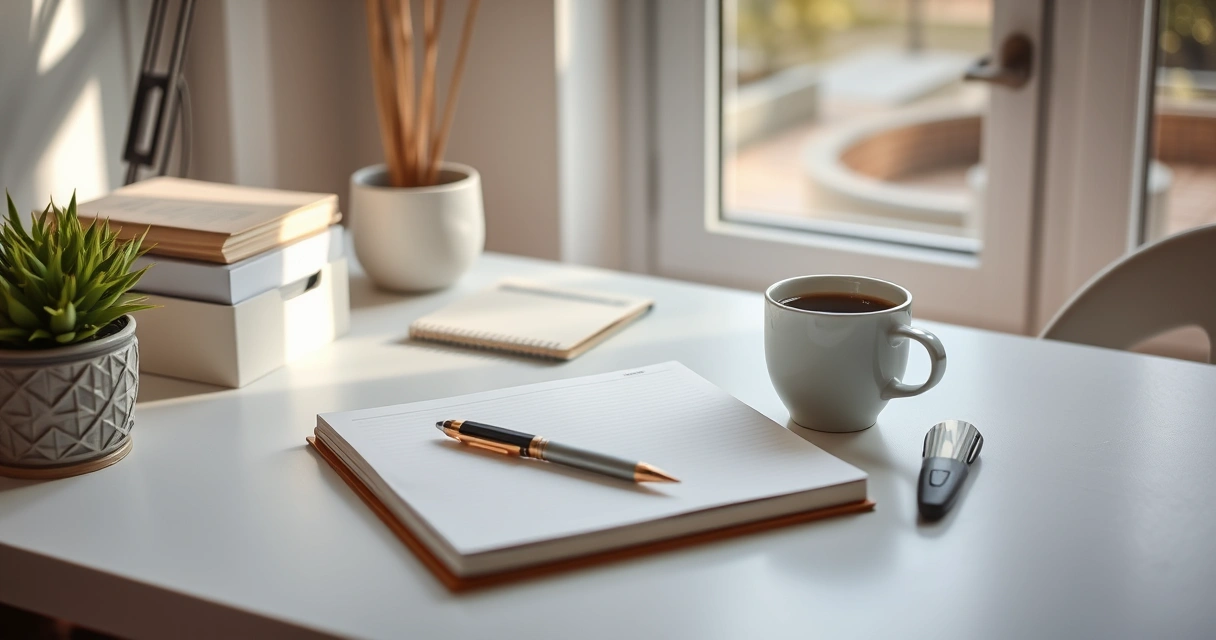Escrivaninha organizada com caderno, caneta e xícara de café