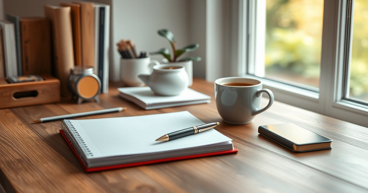 Escrivaninha organizada com caderno, caneta e xícara de café