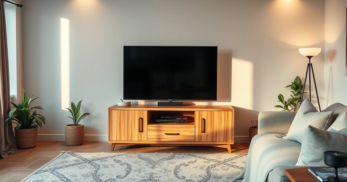 Televisão sobre um rack de madeira numa sala arrumada