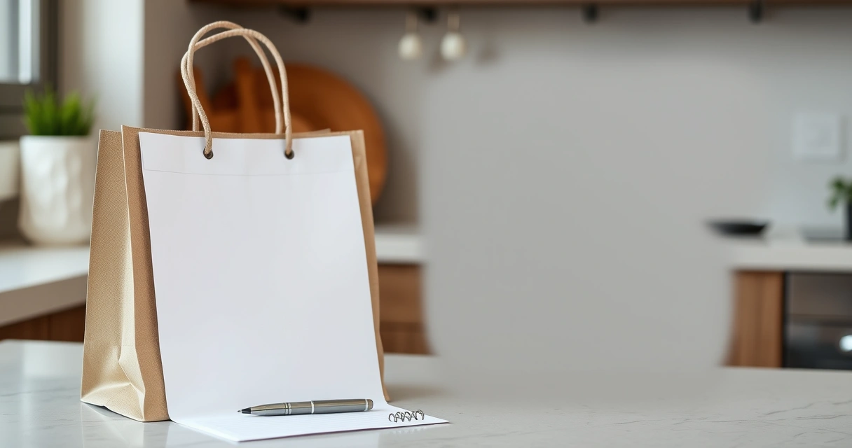 Lista de papel e caneta ao lado de uma sacola na bancada da cozinha