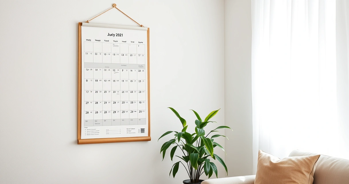 Calendário de parede e um vaso de planta no canto de uma sala