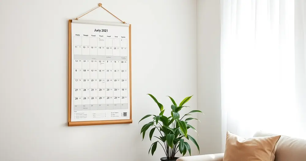 Calendário de parede e um vaso de planta no canto de uma sala
