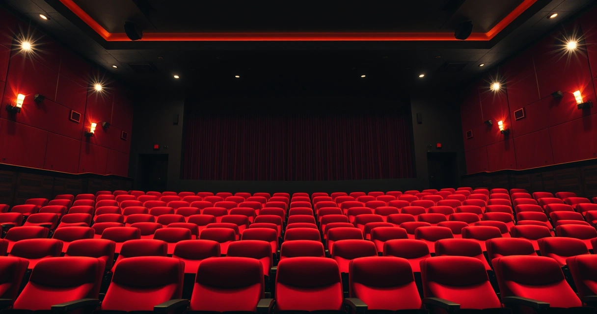 Sala de cinema vazia, com poltronas vermelhas e luz baixa