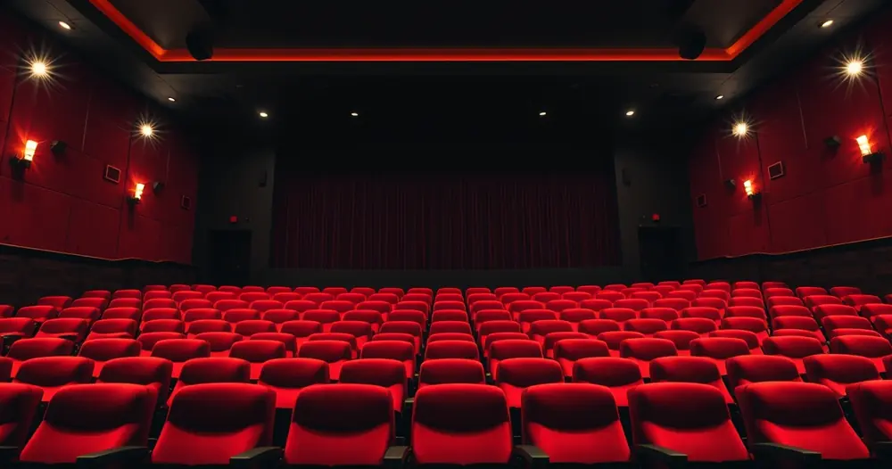 Sala de cinema vazia, com poltronas vermelhas e luz baixa