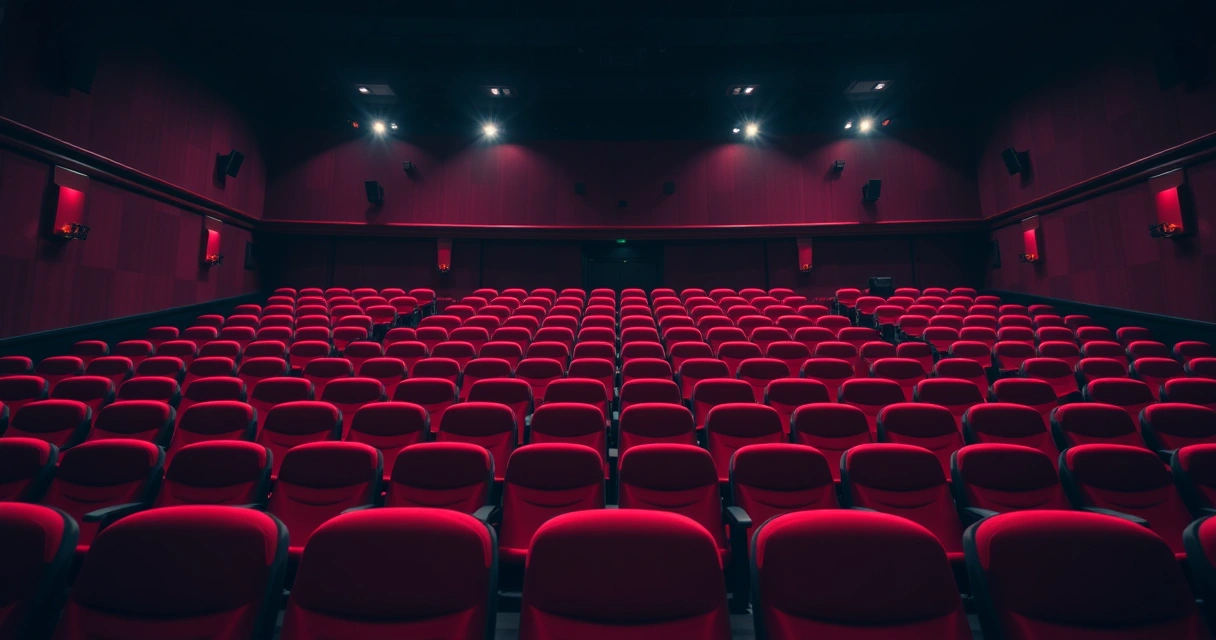 Sala de cinema vazia, com poltronas vermelhas e luz baixa