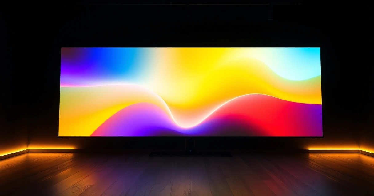 Monitor grande aceso num quarto escuro, com luz colorida