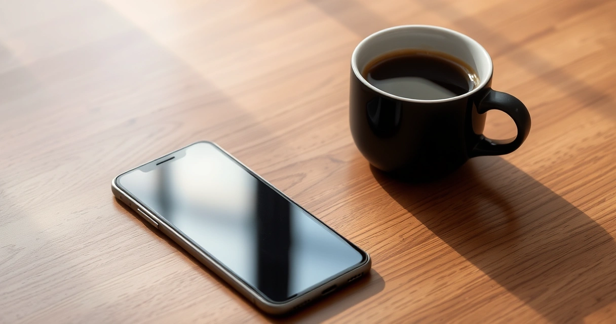 Celular sobre uma mesa de madeira, ao lado de uma xícara de café