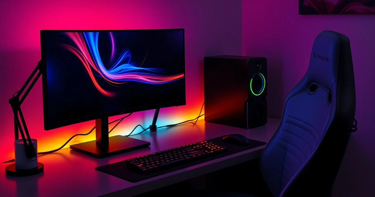 Mesa de jogo com monitor, teclado e iluminação colorida