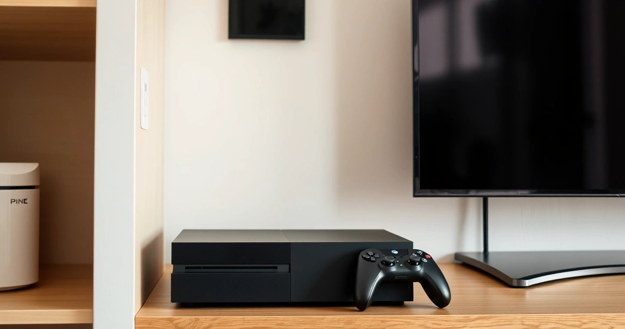 Console de videogame numa estante, ao lado da televisão