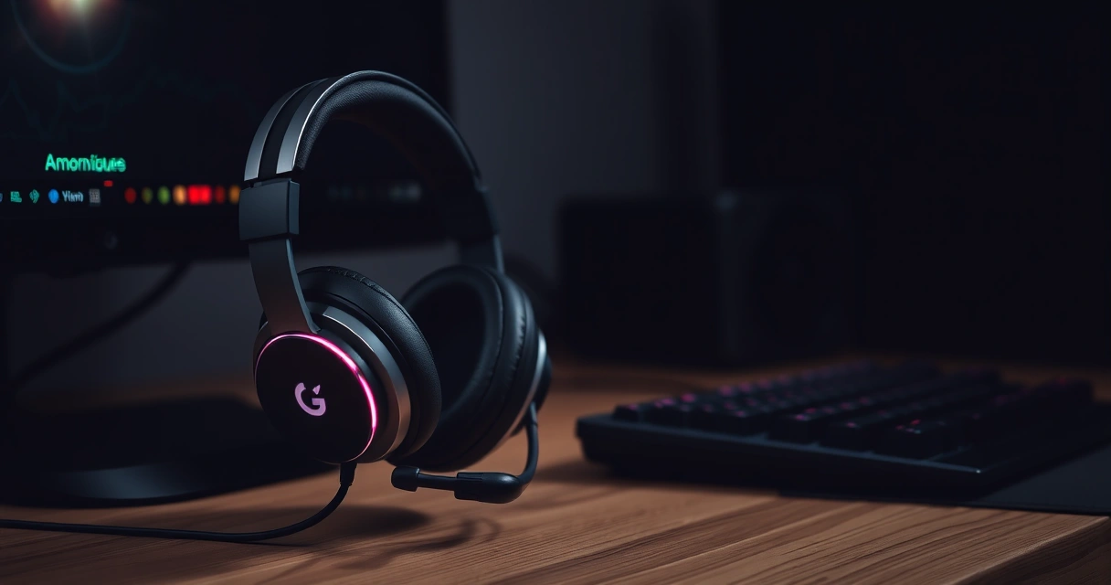 Headset gamer sobre a mesa, ao lado do teclado