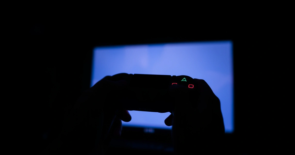 Mãos segurando um controle de videogame num ambiente escuro