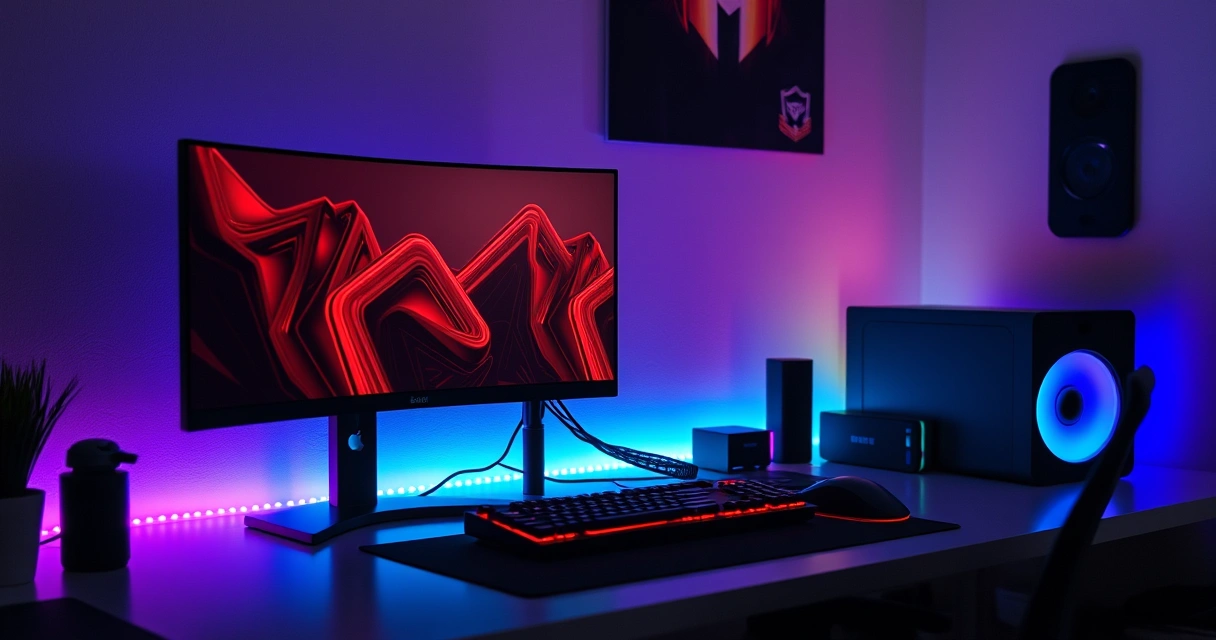 Mesa de jogo com monitor, teclado e iluminação colorida