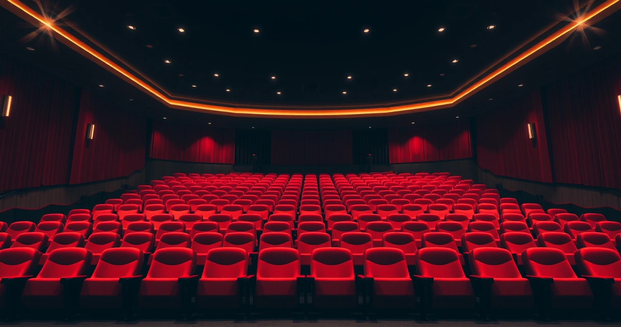 Sala de cinema vazia, com poltronas vermelhas e luz baixa