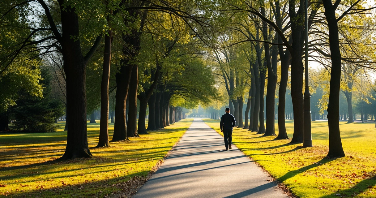 Pessoa caminhando por uma trilha de parque entre árvores