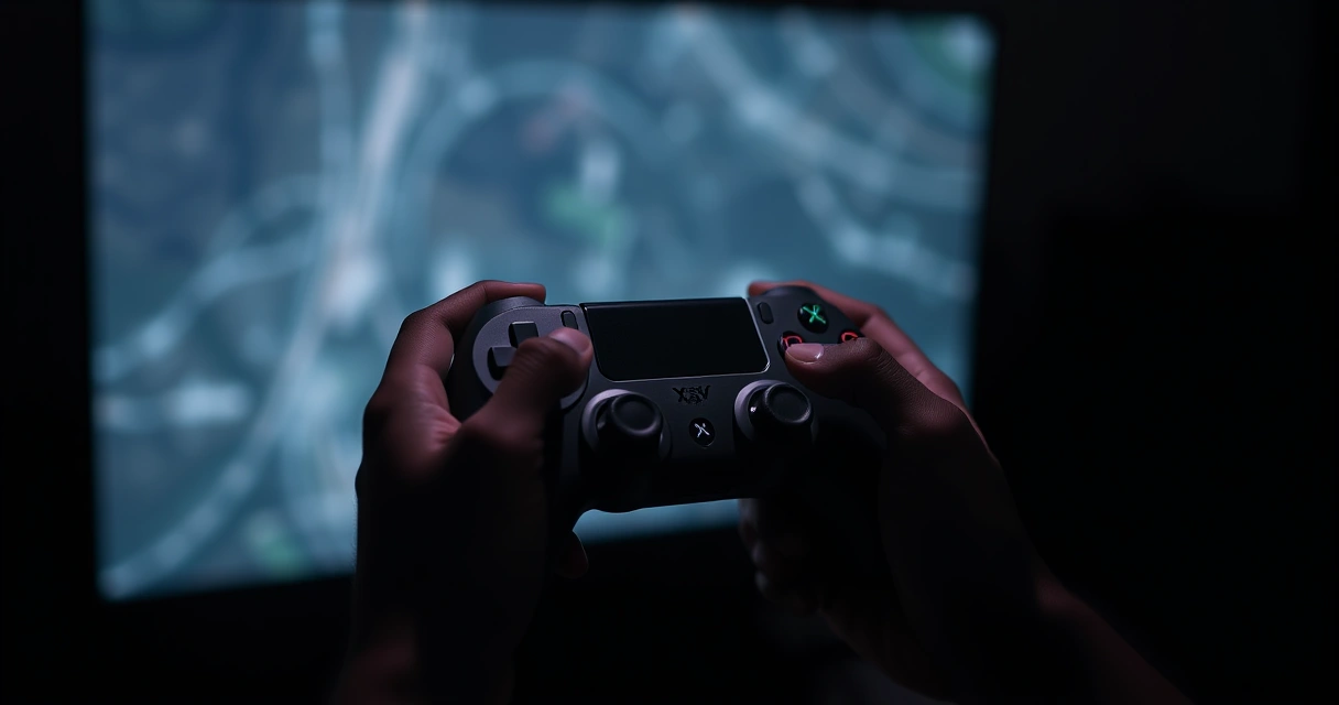 Mãos segurando um controle de videogame num ambiente escuro