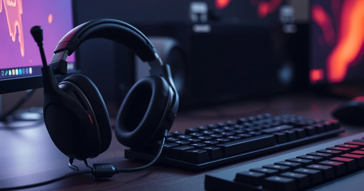 Headset gamer sobre a mesa, ao lado do teclado